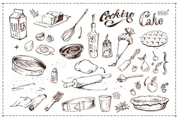 Hand drawn ink sketch icons. Cooking of cake