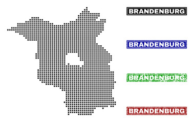 Fototapeta premium Vector dot abstract Brandenburg Land map and isolated clean black, grunge red, blue, green stamp seals. Brandenburg Land map name inside draft framed rectangles and with grunge rubber texture.