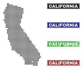 Obraz premium Vector dot abstracted California State map and isolated clean black, grunge red, blue, green stamp seals. California State map title inside draft framed rectangles and with grunge rubber texture.