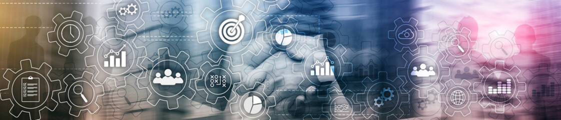 Business process abstract diagram with gears and icons. Workflow and automation technology concept....