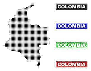 Obraz premium Vector dot abstracted Colombia map and isolated clean black, grunge red, blue, green stamp seals. Colombia map name inside draft framed rectangles and with distress rubber texture.