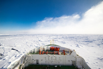 Ship breaking ice at the  frozen ocean of Antarctica