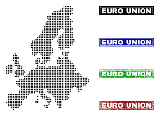 Fototapeta na wymiar Dot vector abstract Euro Union map and isolated clean black, grunge red, blue, green stamp seals. Euro Union map label inside draft framed rectangles and with grunge rubber texture.