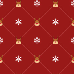 Seamless Christmas pattern with Rednosed Reindeer on a background snowfall and shooting stars. Perfect for gift wrapping paper or background for holiday designs