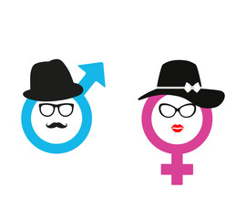 symbol of man and woman in hats and glasses in cartoon style