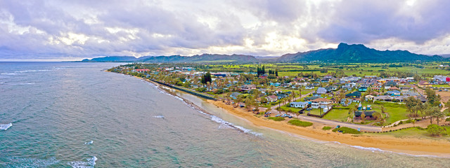 Kapaa Kauai Hawaii City Landscape Beach Valley Mountain Ridge - obrazy, fototapety, plakaty