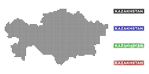 Dot vector abstracted Kazakhstan map and isolated clean black, grunge red, blue, green stamp seals. Kazakhstan map tag inside rough framed rectangles and with grunge rubber texture.
