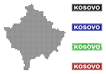Fototapeta premium Dot vector abstracted Kosovo map and isolated clean black, grunge red, blue, green stamp seals. Kosovo map title inside rough framed rectangles and with unclean rubber texture.