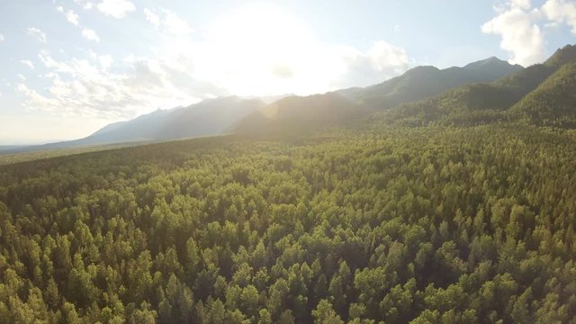 Aerial shot of beautiful landscape: mountains, forest, blue sky with clouds, sunset. Drone flying down and rotates to right above the treetops. Panning
