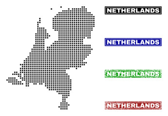 Vector dot abstract Netherlands map and isolated clean black, grunge red, blue, green stamp seals. Netherlands map title inside draft framed rectangles and with grunge rubber texture.