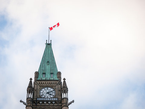 Main Clock Tower Of The Center Block Of The Parliament Of Canada, In The Canadian Parliamentary Complex Of Ottawa, Ontario. It Is A Major Landmark,  Containing The Senate And The House Of Commons.