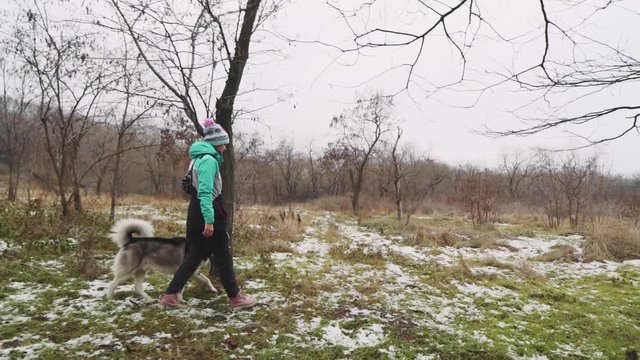 Young beautiful woman walks with her Husky dog at winter around forest. Slow motion