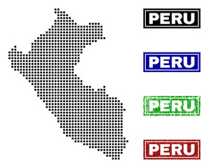 Obraz premium Vector dot abstracted Peru map and isolated clean black, grunge red, blue, green stamp seals. Peru map label inside draft framed rectangles and with grunge rubber texture.