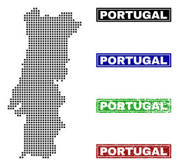 Dot vector abstract Portugal map and isolated clean black, grunge red, blue, green stamp seals. Portugal map name inside rough framed rectangles and with grunge rubber texture.