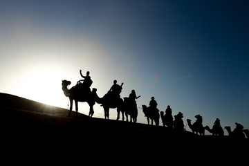 camel caravan silhouettes in sahara desert