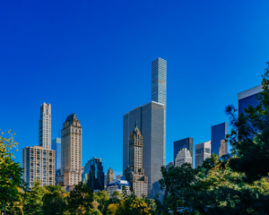 Fototapeta premium Buildings and skyscrapers of midtown Manhattan above trees, viewed from Central Park of New York City, USA