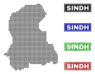 Dot vector abstracted Sindh Province map and isolated clean black, grunge red, blue, green stamp seals. Sindh Province map name inside rough framed rectangles and with grunge rubber texture.