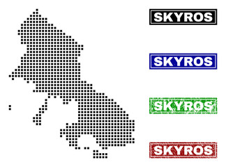 Obraz premium Vector dot abstracted Skyros Island map and isolated clean black, grunge red, blue, green stamp seals. Skyros Island map name inside draft framed rectangles and with grunge rubber texture.