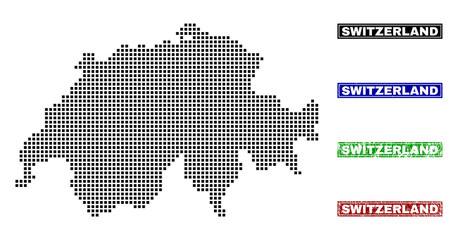 Obraz premium Dot vector abstracted Switzerland map and isolated clean black, grunge red, blue, green stamp seals. Switzerland map title inside draft framed rectangles and with grunge rubber texture.