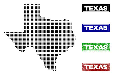 Obraz premium Dot vector abstracted Texas map and isolated clean black, grunge red, blue, green stamp seals. Texas map title inside rough framed rectangles and with scratched rubber texture.