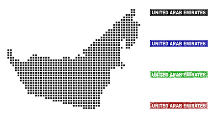 Obraz premium Dot vector abstracted United Arab Emirates map and isolated clean black, grunge red, blue, green stamp seals.