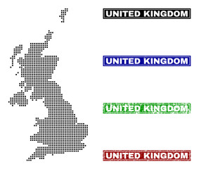 Obraz premium Dot vector abstracted United Kingdom map and isolated clean black, grunge red, blue, green stamp seals. United Kingdom map tag inside draft framed rectangles and with distress rubber texture.