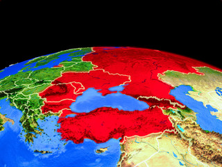 Black Sea Region on model of planet Earth with country borders and very detailed planet surface.