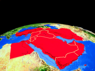 Middle East on model of planet Earth with country borders and very detailed planet surface.