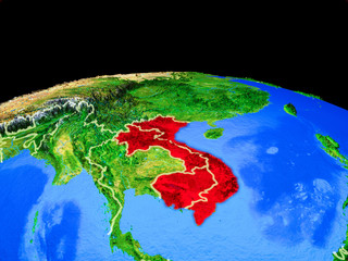 Indochina on model of planet Earth with country borders and very detailed planet surface.