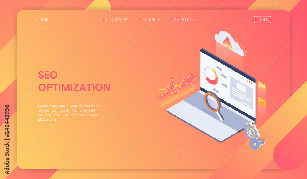 Wall mural seo optimization web page template concept, isometric web analytic. vector illustration