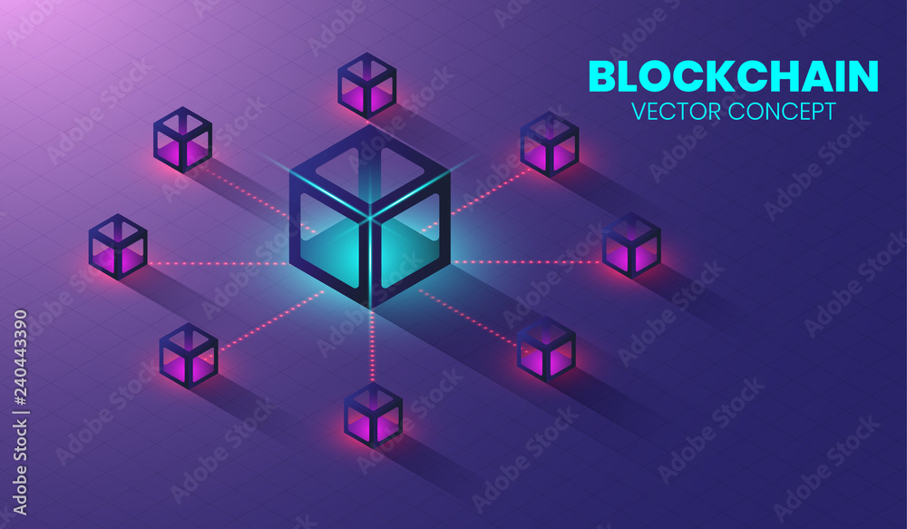 Poster isometric blockchain technology concept, shape of block chain connected together. vector