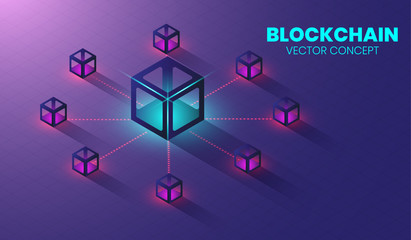 Isometric blockchain technology concept, Shape of block chain connected together. vector