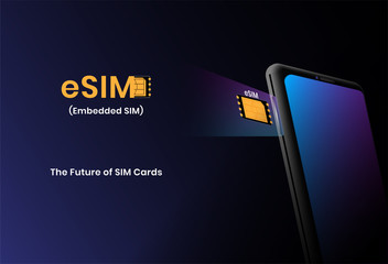 eSIM technology concept with smartphone. embedded sim the next gen of sim cards. vector - obrazy, fototapety, plakaty