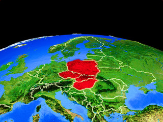 Visegrad Group on model of planet Earth with country borders and very detailed planet surface.