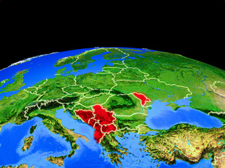 CEFTA countries on model of planet Earth with country borders and very detailed planet surface.