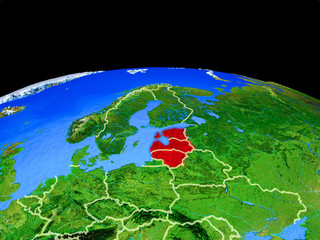 Baltic States on model of planet Earth with country borders and very detailed planet surface.