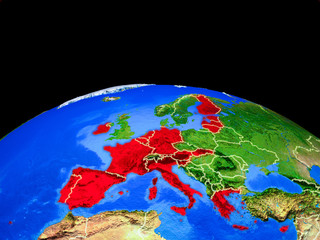 Eurozone member states on model of planet Earth with country borders and very detailed planet surface.