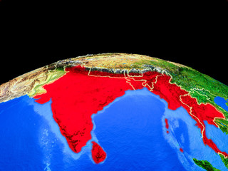 BIMSTEC memeber states on model of planet Earth with country borders and very detailed planet surface.