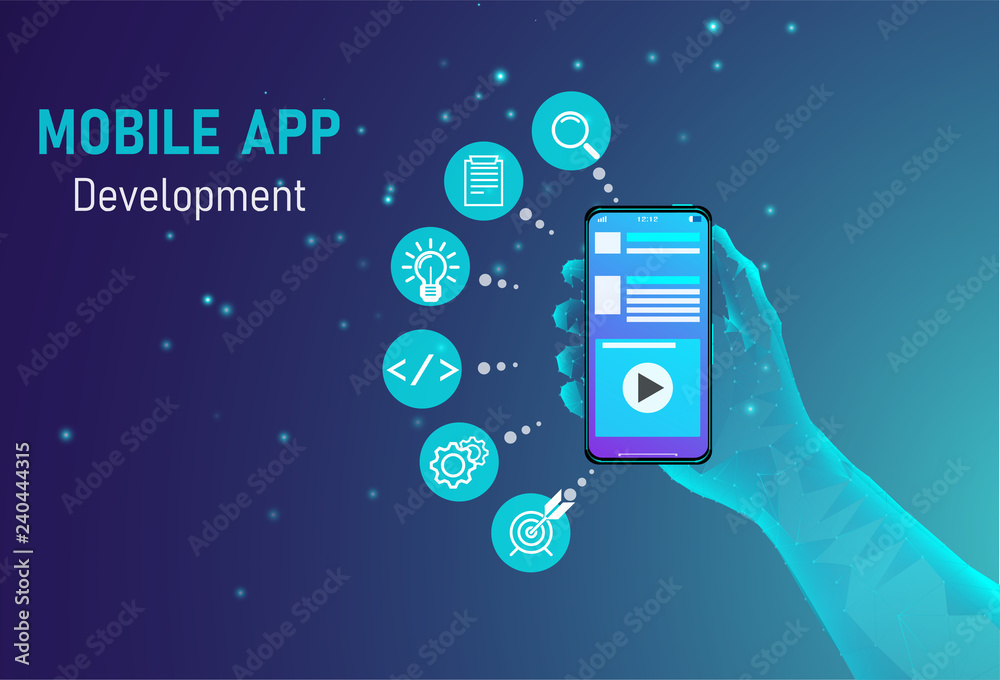 Poster mobile app development concept, web design, programming, interface, software development. vector ill