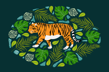 Hand draw tigers and tropical leaves. Trendy style. Vector