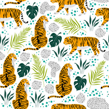 Seamless pattern with tigers and tropical leaves. Trendy style. Vector