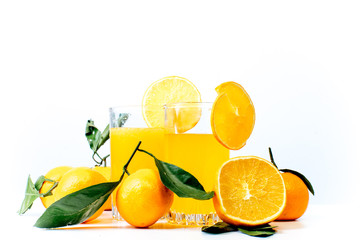 different fruit and juice or smoothie in a glass