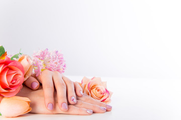 female hand skin care - hands holding flowers