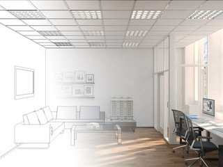 Unfinished project of country style coworking office interior. 3D Rendering