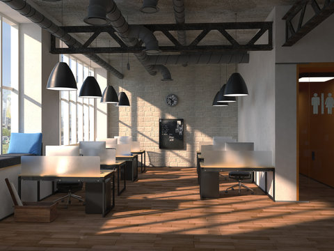 Side view of contemporary conference room with city view and daylight. 3D Rendering