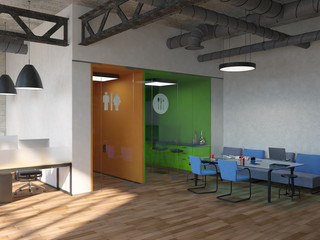 Side view of contemporary conference room with city view and daylight. 3D Rendering