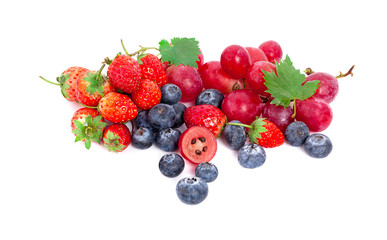 mixed berry close up : strawberry,blueberries,raspberry and blackberry isolated on white background