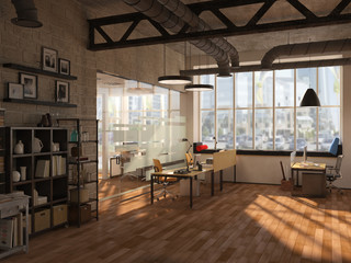 Fototapeta na wymiar Side view of contemporary conference room with city view and daylight. 3D Rendering
