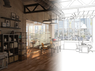 Fototapeta na wymiar Unfinished project of country style coworking office interior. 3D Rendering