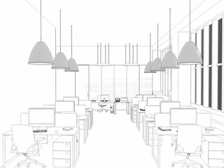 White room as office with desk and laptop computer 3D Rendering